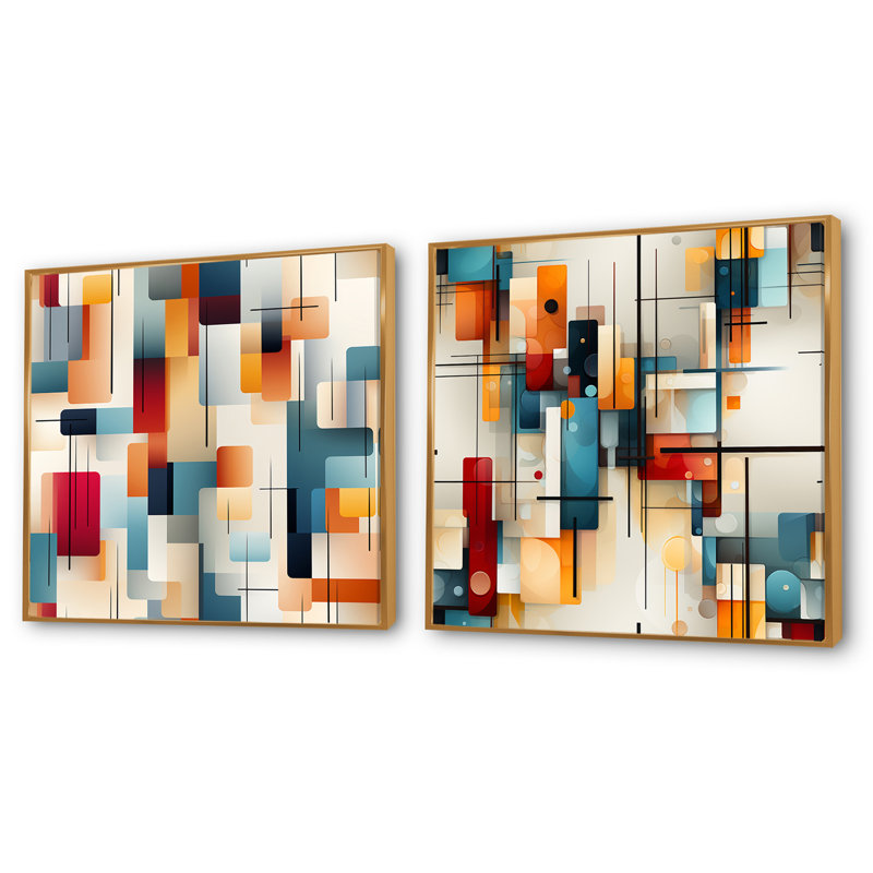 Cordae - Ensemble de 2 collages carrés à formes abstraites, H 16 po x l 33 po, Cadre flottant doré