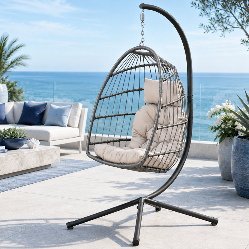 Fauteuil à œufs suspendu d'extérieur avec support, balancelle en osier PE avec coussin et coussin, Beige
