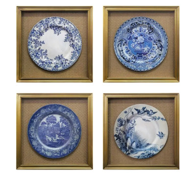 Blue and White Framed Plate Wall Art Set of 4