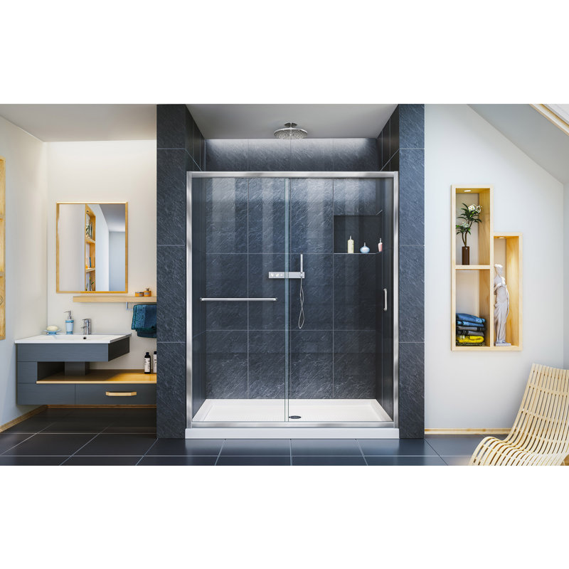 Porte de douche coulissante semi-encadrée transparente DreamLine Infinity-Z 91,4 cm (P) x 152,4 cm (L) x 189,8 cm (H) avec bonde centrale et ensemble de receveur de douche blanc