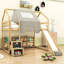 Lit mezzanine en bois avec glissoire, tablettes de rangement et cadre en forme de maison avec tente-194054169-194054174