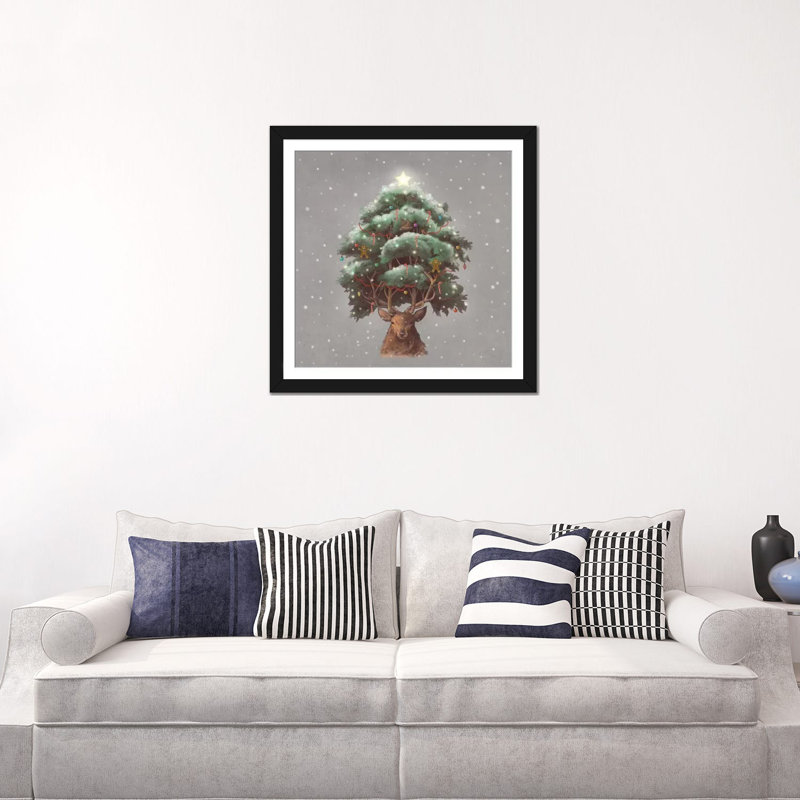 «Reindeer Tree», art sur toile, Papier d'art encadré noir, Blanc, H 24 po x l 24 po x P 1 po