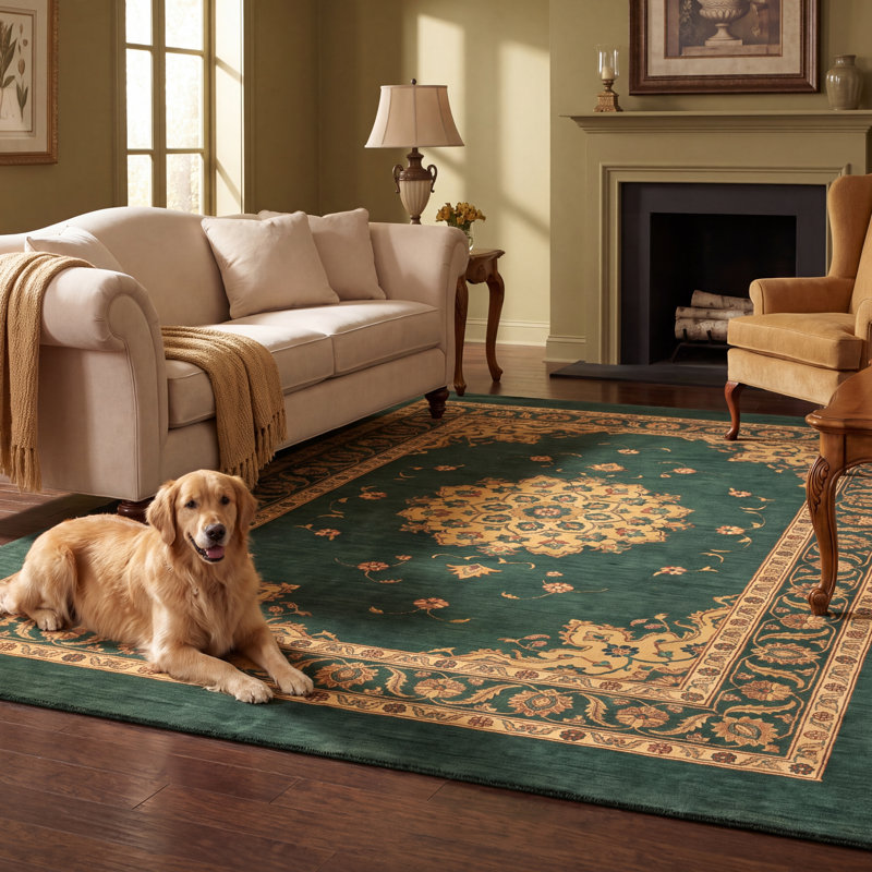 Tapis Cranleigh traditionnel à médaillon, style persan, or, vert, crème, ivoire, lavable à la machine, antidérapant, à poils courts, pour l'intérieur et l'extérieur, adapté aux animaux domestiques, idéal pour le salon, la chambre, la salle à manger, l'entrée, le couloir ou le bureau.