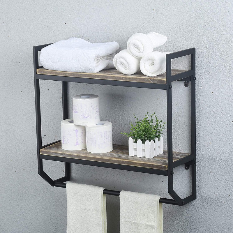 Étagères de salle de bain à 2 niveaux avec barre à serviettes, tablettes murales flottantes rustiques de 24 po, noir