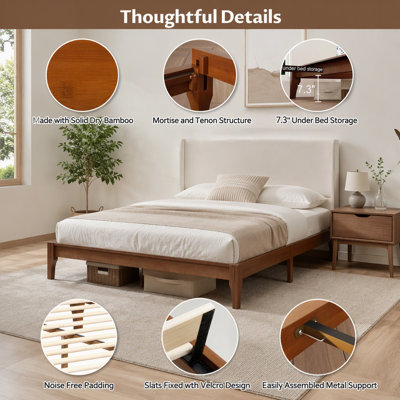 King Size Solid Dry Bamboo Wood 12 Inch Platform Bed, with 48" Upholstered High Headboard, Easy Assembly