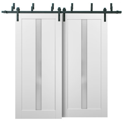 Porte coulissante de grange 36 x 80 avec quincaillerie de 6,6 pi Quadro 4112 Blanc Soie avec verre opaque dépoli, ensemble de rails robustes en acier, porte coulissante double à panneaux vitrés