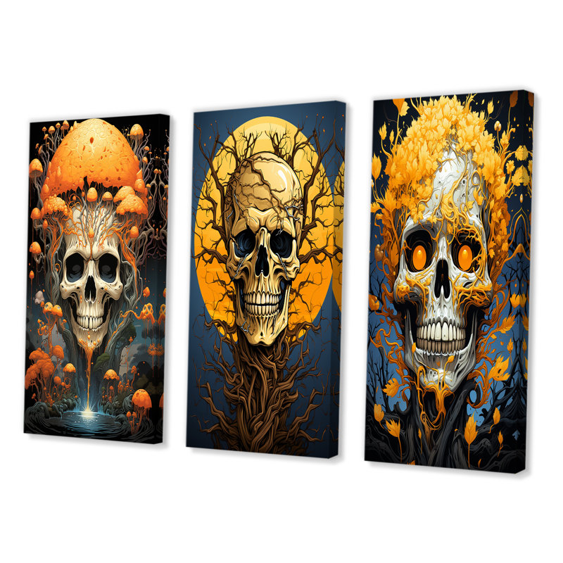 Tête de mort souriante, champignon orange, Halloween amusant - ensemble de 3 têtes de mort, Toile tendue, H 20 po x l 36 po