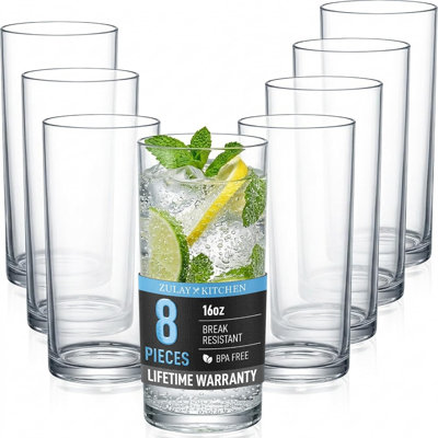 Verres à boire en plastique Zulay Kitchen (ensemble de 8) - Verres à eau incassables en acrylique 16 oz pour la maison, la cuisine et l'extérieur