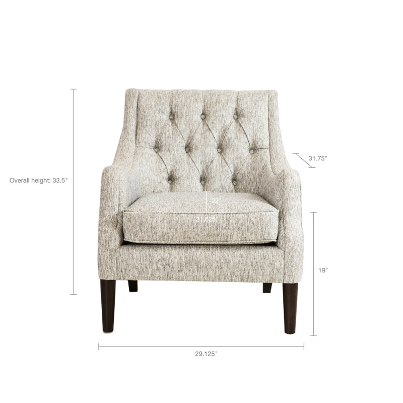 Fauteuil inclinable moderne à boutons, gris, support en bois massif, pieds gris rembourrés en mousse confort, assise haute, style transitionnel