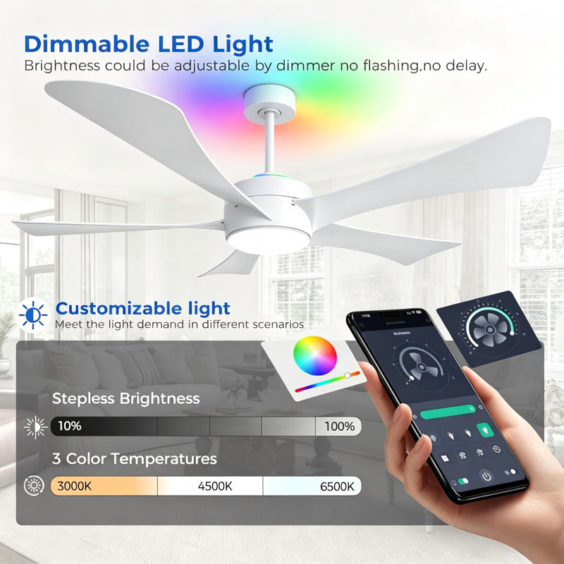 52" Modern Ceiling Fan with LED Light, RGB Color Changing, Remote & APP Control, White/Black, White