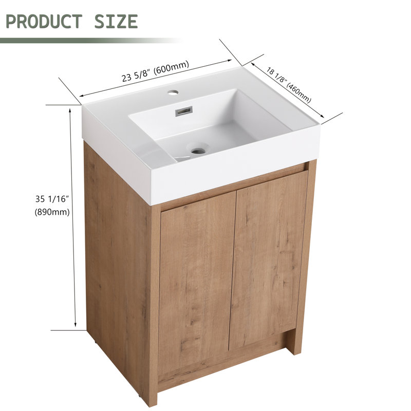 24"Bathroom Vanity with Resin Top, Freestanding Bathroom Cabinet with 2 Soft Closing Doors