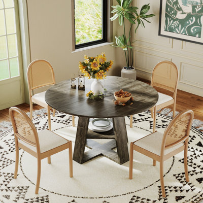 Ensemble de table de salle à manger extensible: table de 43,3 po à 59 po avec tablette de rangement ouverte, chaises en bois massif et rembourrées à dossier en rotin - Ensemble de salle à manger et de cuisine rétro rétro, peu encombrant et polyvalent