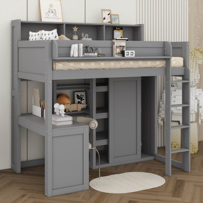 Twin Size Wooden Loft Bed With Multiple Storage Shelves