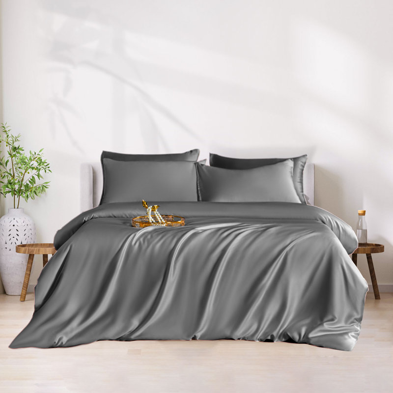 3-Piece Luxury 100% Rayon From Bamboo Duvet Cover Set, Gray, Queen Duvet Cover + 2 Standard Shams