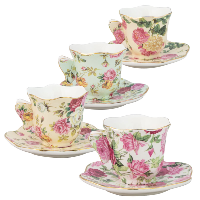  Porcelain Rose Chintz Espresso Cup and Saucer with Butterfly Handle Assorted (Set of 4)