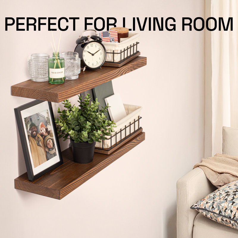 Walnut Pine Wood Floating Wall Shelves, Set of 2
