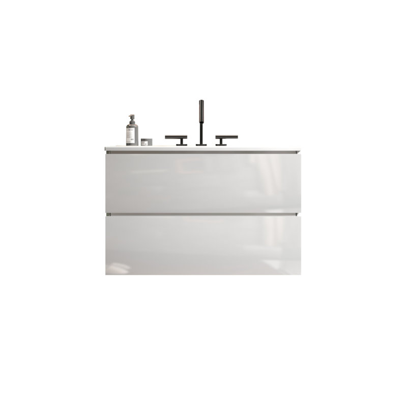 Meuble-lavabo mural blanc brillant TIA de 30 pouces avec lavabo en céramique et trois trous de robinet, grand espace de rangement pour les salles de bain modernes