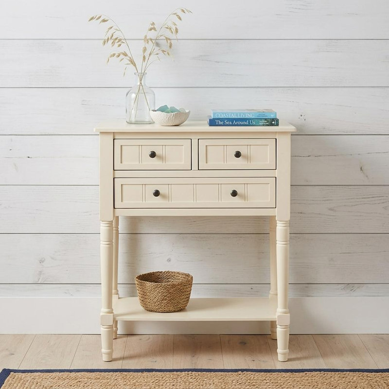 Console 24 po en bois massif beige patiné avec tablette et trois tiroirs