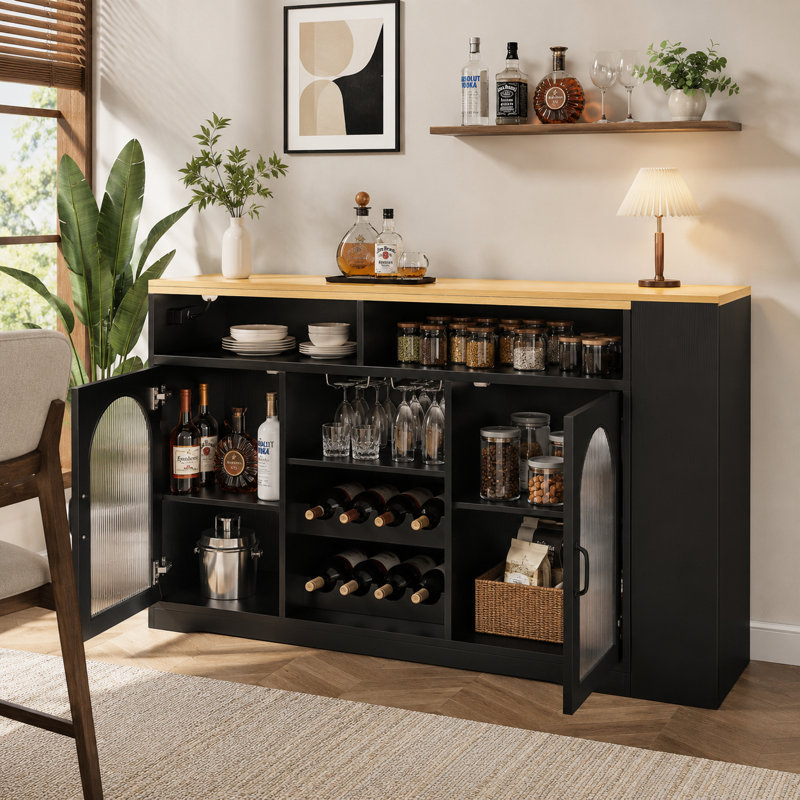 Table de bar UNAROZ à hauteur de comptoir avec plateau extensible, éclairage DEL et casier à vin, Noir