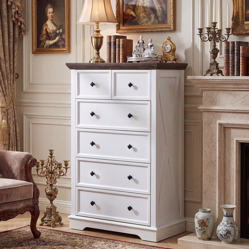 Farmhouse 6 Drawer Bedroom Dresser, Wood Tall Chest of Drawers, Closet Storage for Bedroom, White/Brown