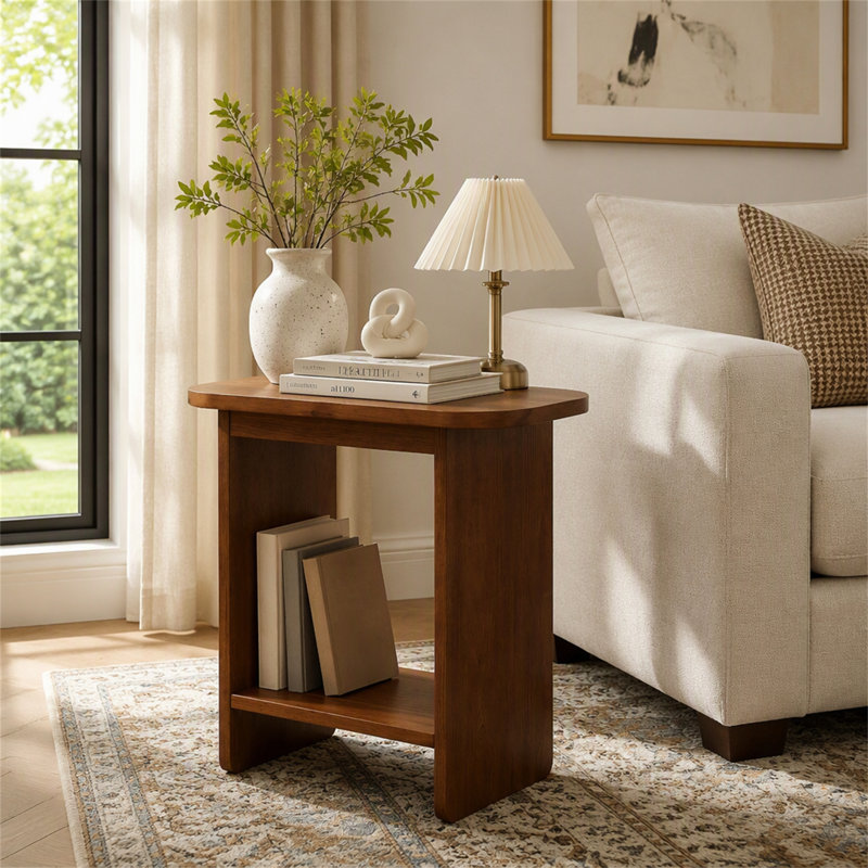 Table de bout en bois massif à 2 niveaux en forme de H avec tablette de rangement, Brun naturel, Natural Brown, Brun naturel