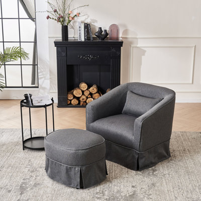 Fauteuil demi-tonneau pivotant en lin avec repose-pieds