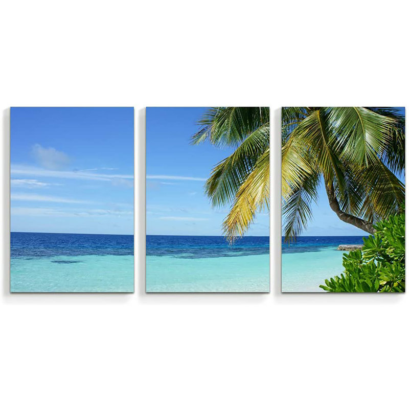 «Coastal Beach» IDÉE4WALL, 3 pièces d'art mural sur toile, palmiers de plage, paradis, œuvre d'art encadrée