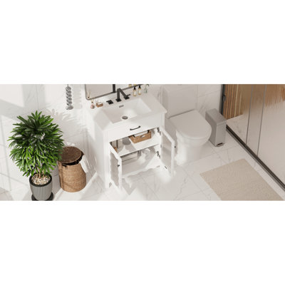 Armoire de salle de bain moderne de 31 po avec rangement spacieux, lavabo en céramique lisse et verre trempé à rayures verticales pour un verre intégré lumineux de 31 pouces, charnières à fermeture silencieuse