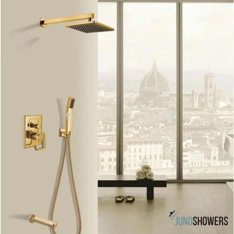 Juno Luxury Wide Golden Rain Bathroom Shower with Arm Shower