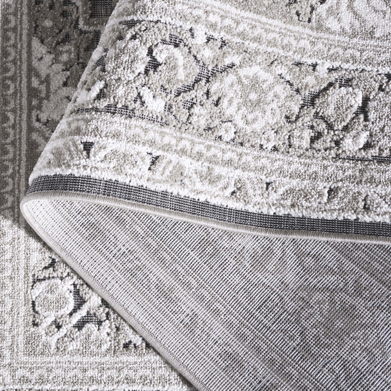 Brysin Oriental Machine Woven Power Loom Polypropylene Area Rug in Ivory/Gray, Square 6'7"