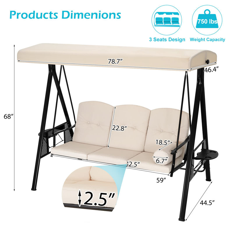 3 Person Porch Swing with Canopy, Beige