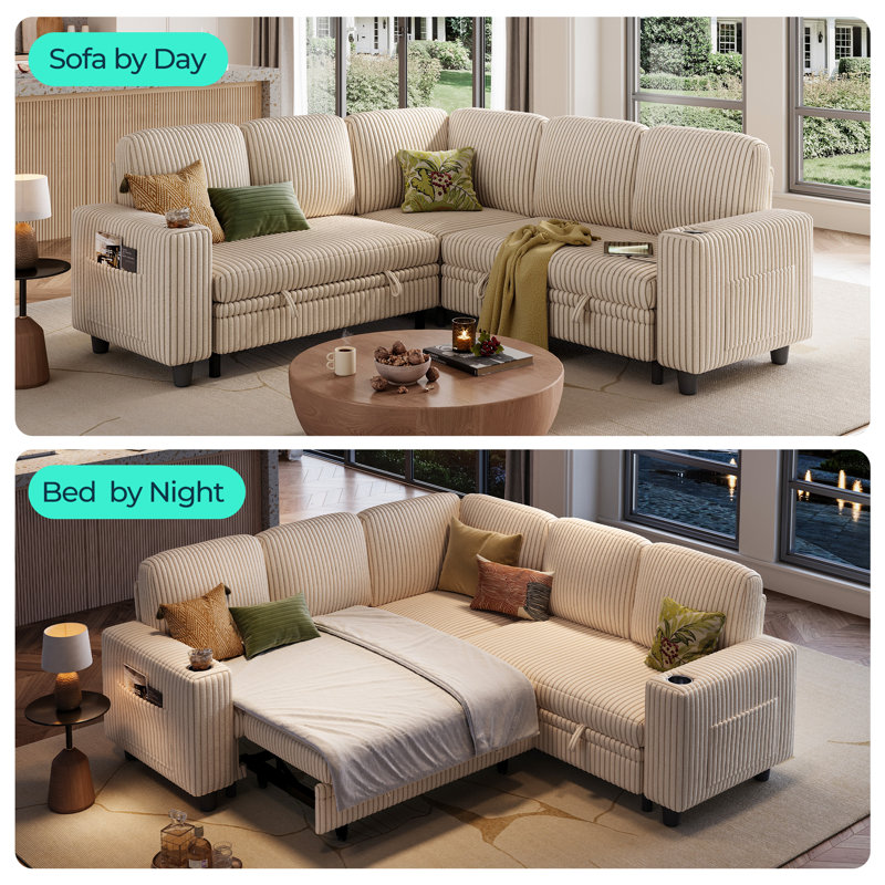 Sherry 81'' Upholstered Modular Sectionals with Pull-out Sofa, Storage Chaise, USB Charging & Cup Holders, Effie Beige