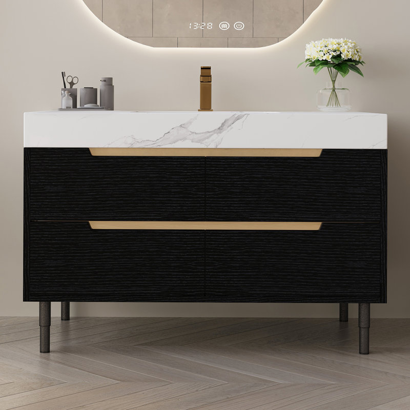 Meuble-lavabo moderne de 35,4 po avec comptoir en pierre frittée et lavabo encastré, armoire en bois massif multi-couches imperméable, 4 tiroirs de rangement, conception autoportante et murale