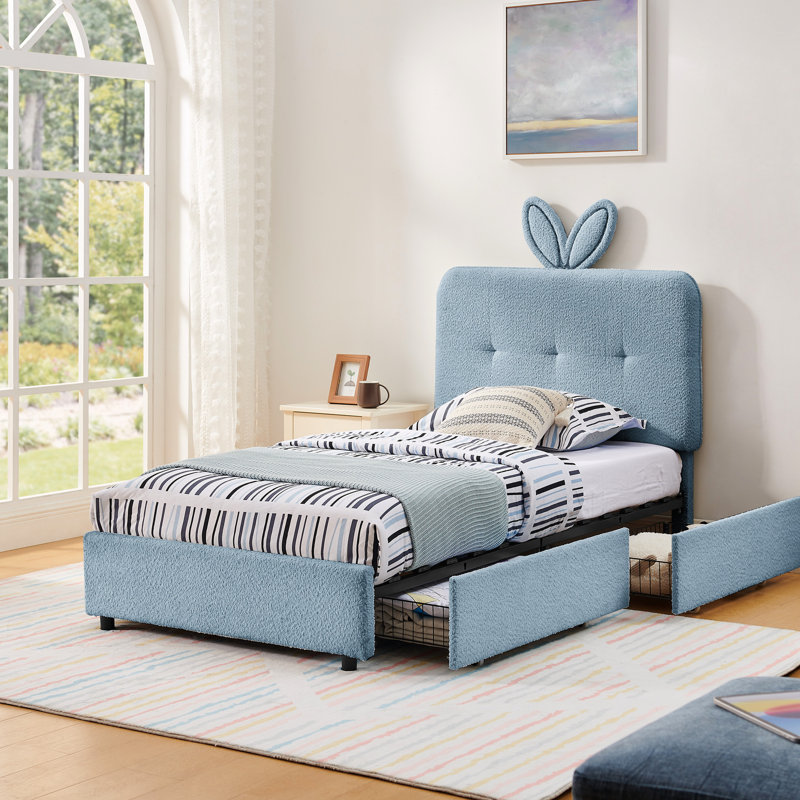Lit simple avec tissu bouclé doux, DEL et 4 tiroirs coulissants pour une tête de lit surdimensionnée avec oreilles de lapin, lumières et unités de rangement Cozy
