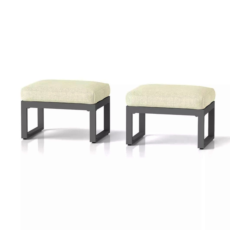 Set Of 2 26" All-Weather Aluminum Patio Ottomans Footrests With Thick Beige Cushions With Black Frame, Beige