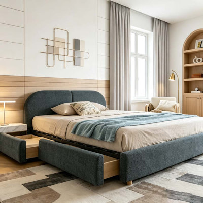 Modern Minimalist Style Upholstered Bed Frame Curved Headboard, Sturdy Leg