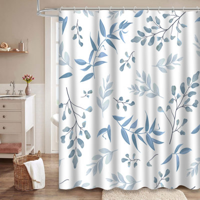 Light Watercolor Drawn Blue Color Leaves Fern Forest Herbs Plants Dusty Blue Shower Curtain with 12 Hooks