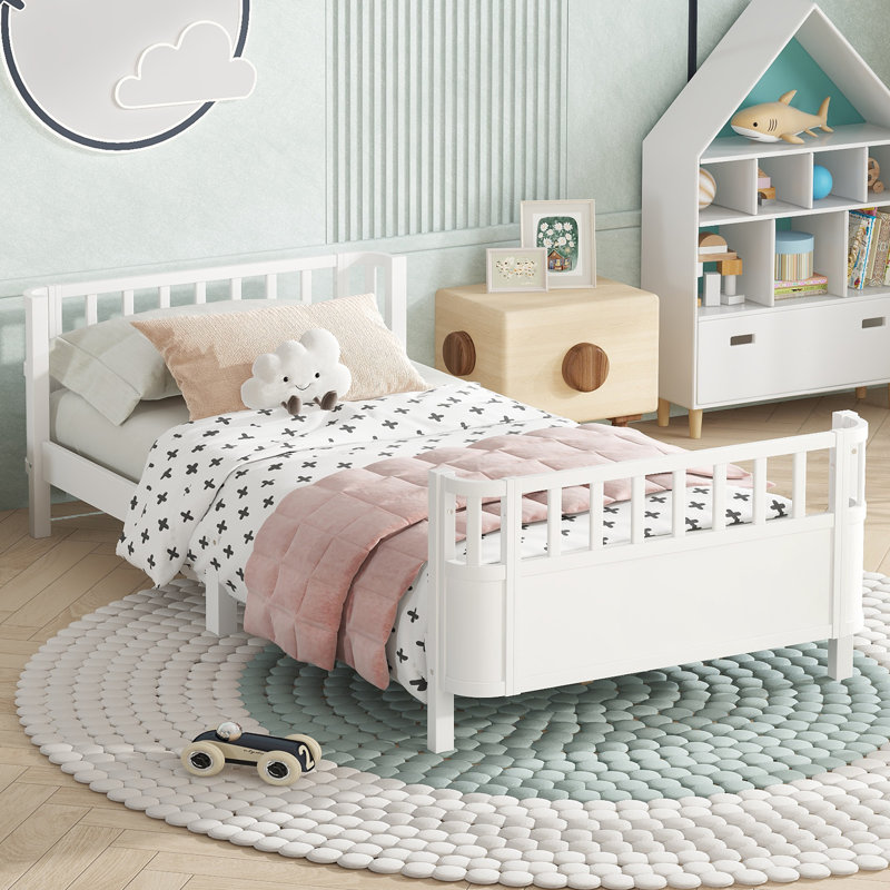 Full Size Kids Platform Bed with Safety Guardrails & Detachable Fence, Wood Frame for Bedroom,White, White, Full