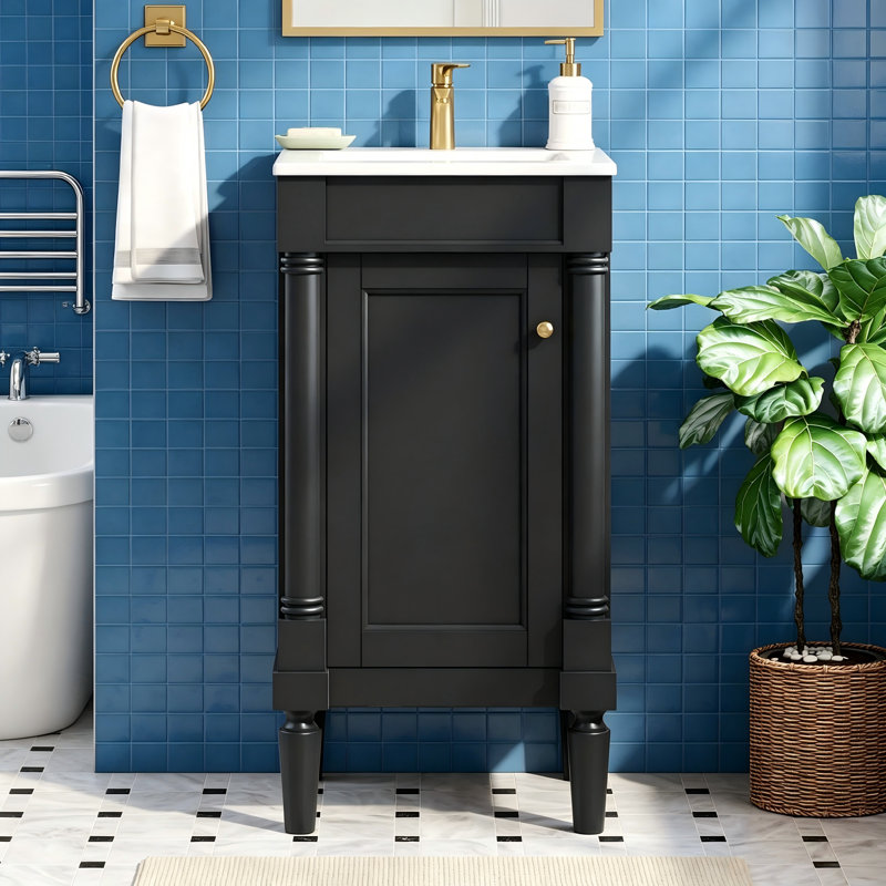 Armoire de salle de bain de style français 18 po avec rangement, solution pour petit espace avec lavabo en céramique, tablette réglable, charnières à fermeture en douceur