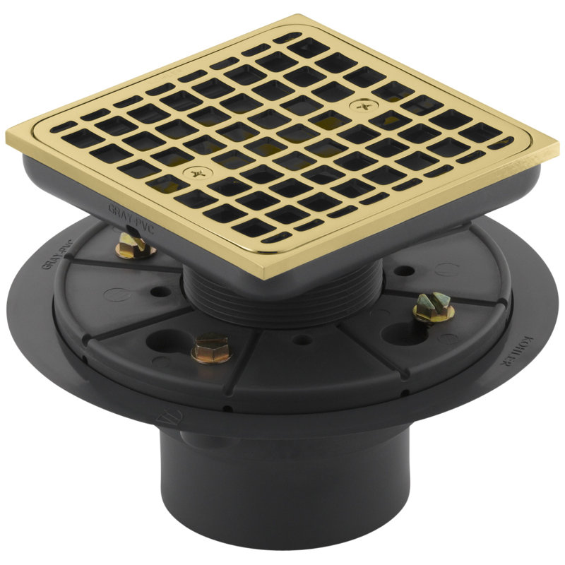 Clearflo Square Design Tile-In Shower Drain with Reversible Collar, 2" and 3" PVC Connection, Vibrant Polished Brass