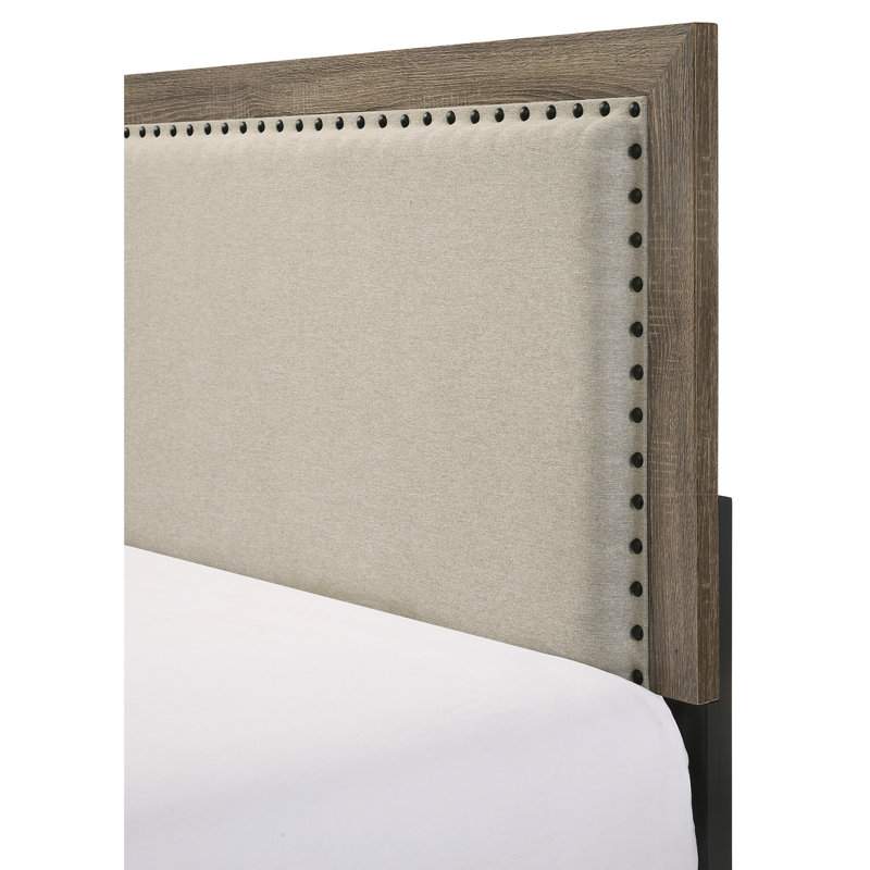 Lit séduisant avec tête de lit tapissier et bordure captivante, Gris, Grand lit