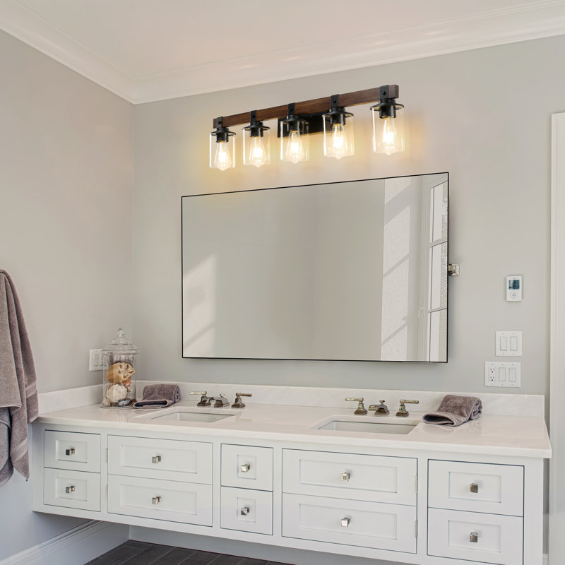 DAKAFUL 5-Light Dimmable Bathroom Vanity Light over Mirror with Wood and Glass Shade, 5