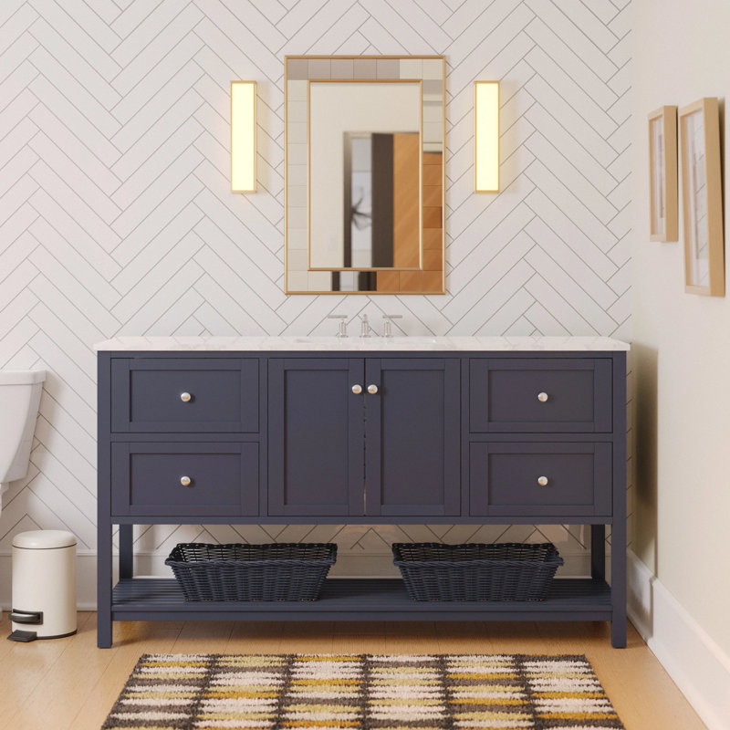 Ensemble de meuble-lavabo simple 60 po Binne, Gris marine, Carrara d'ingénierie