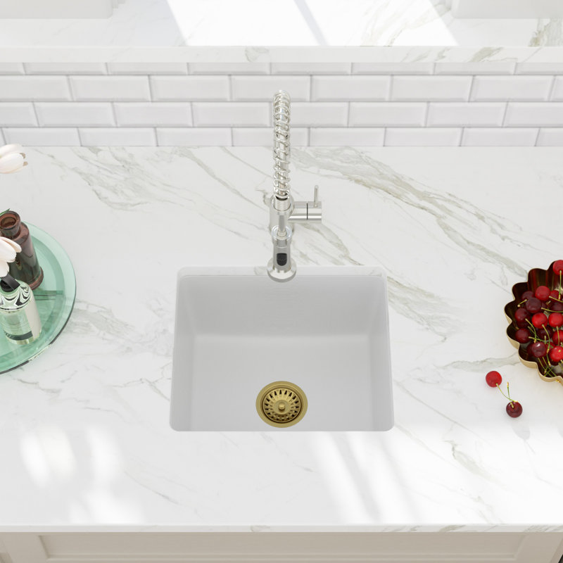 18'' L x 16'' W Quartz Undermount Kitchen Sink, White Granite Composite Single Bowl Bar Sink with Sink Grid, Strainer and Roll-up Rack