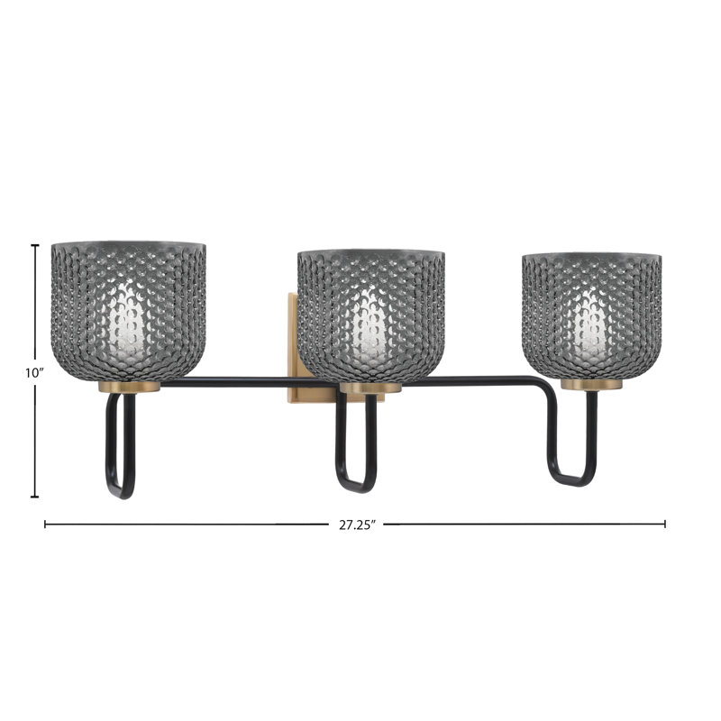 Barre d'éclairage de salle de bain 3 lumières Amarmula au fini noir mat et laiton vieilli, verre texturé fumée 6 po