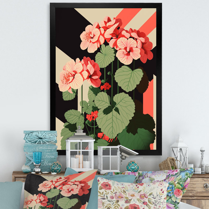 Rétro géranium en rouge et vert I - art mural sur toile florale, Impression noire sur toile encadrée