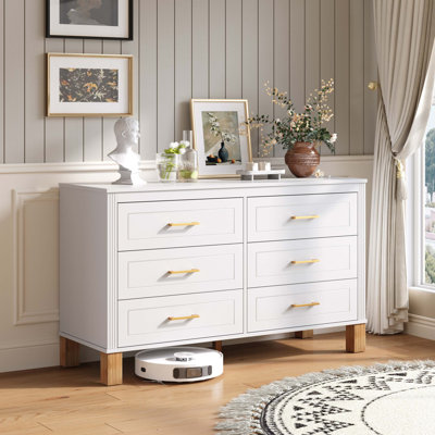 Commode moderne à six tiroirs avec structure en bois massif, armoire de rangement à capacité de poids élevée avec glissières à roulement à billes lisses et conception polyvalente.