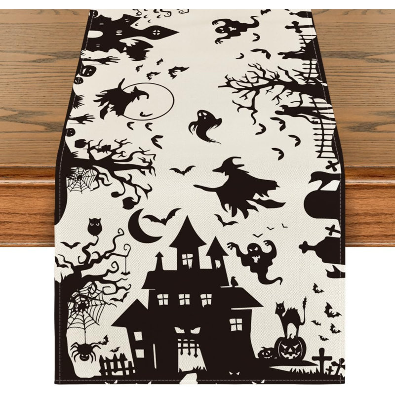 Chemin de table 210 g / m² Halloween 13 x 108 pouces | Décoration de table de salle à manger noir et blanc effrayant, 108" L