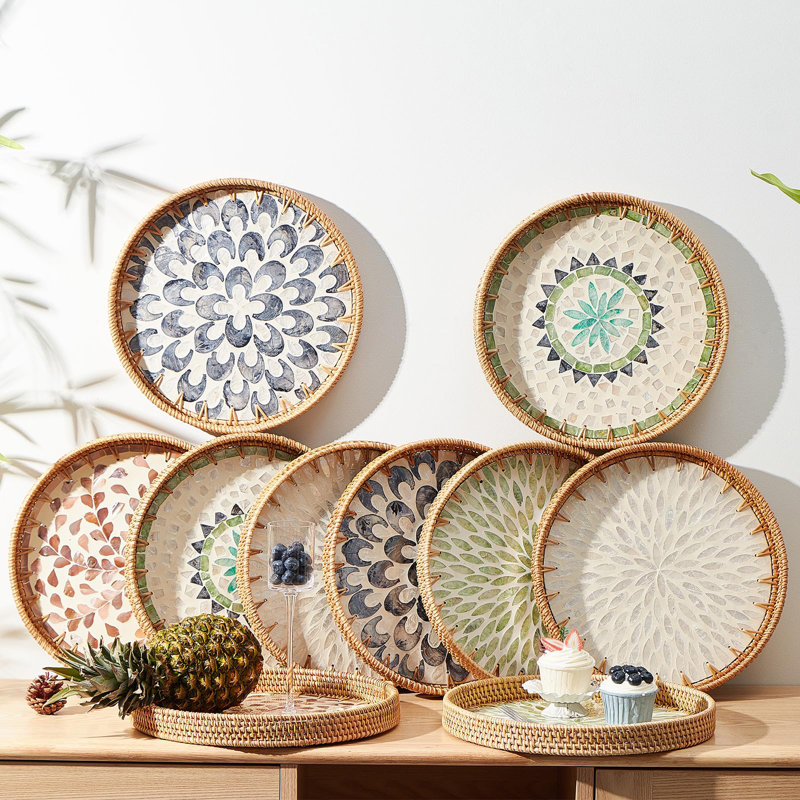 Round Rattan Tray with Mother of Pearl Inlay and Wooden Base