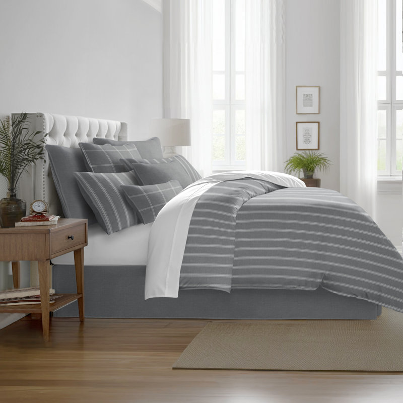 Shay Broad Ticking Stripe Gray Cotton Coverlet Set  8 Piece, California King Coverlet + 7 Additional Pieces